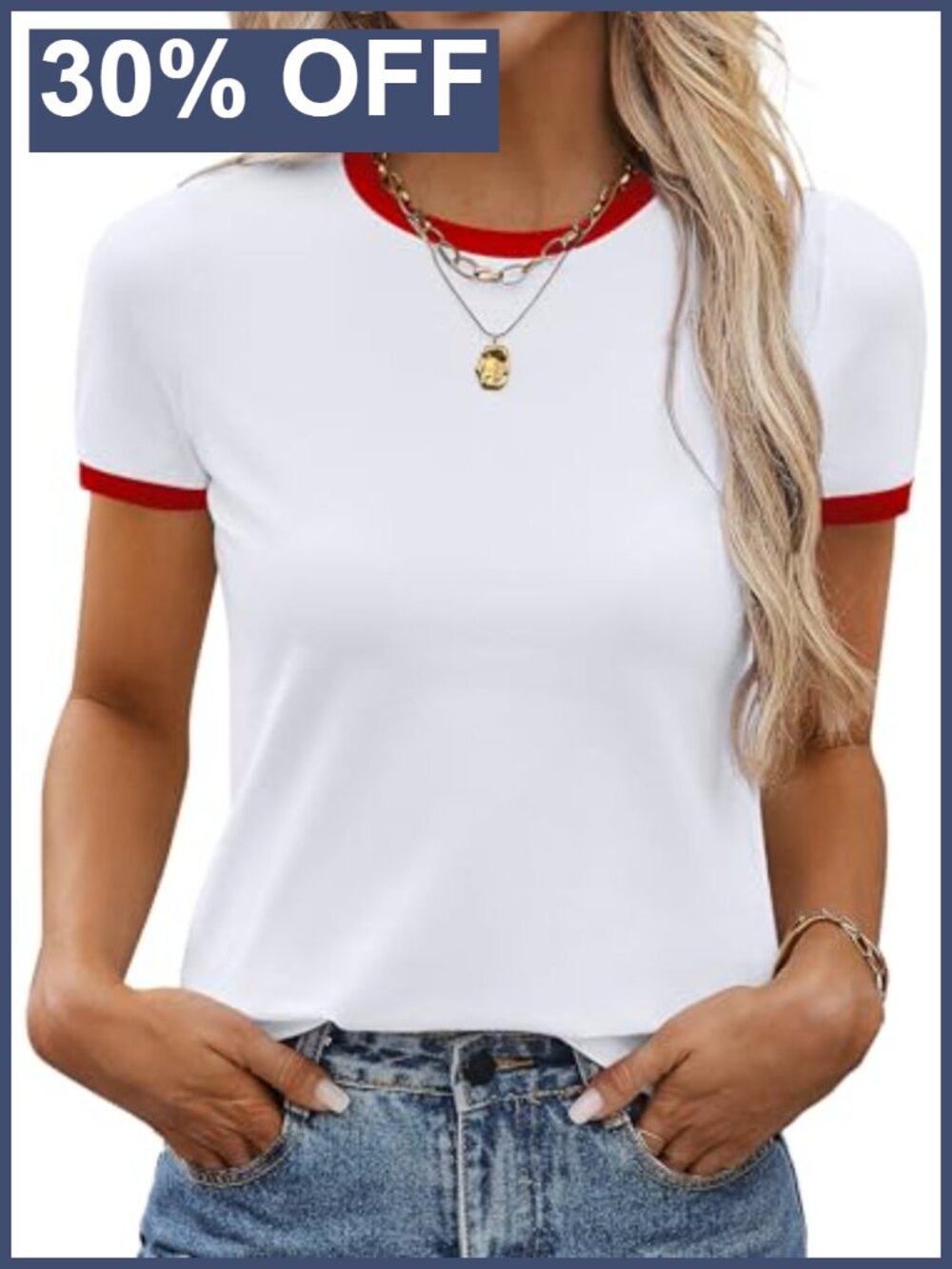 Women's Ringer Tee Short Sleeve Cotton Blend Lightweight Crew Neck Top